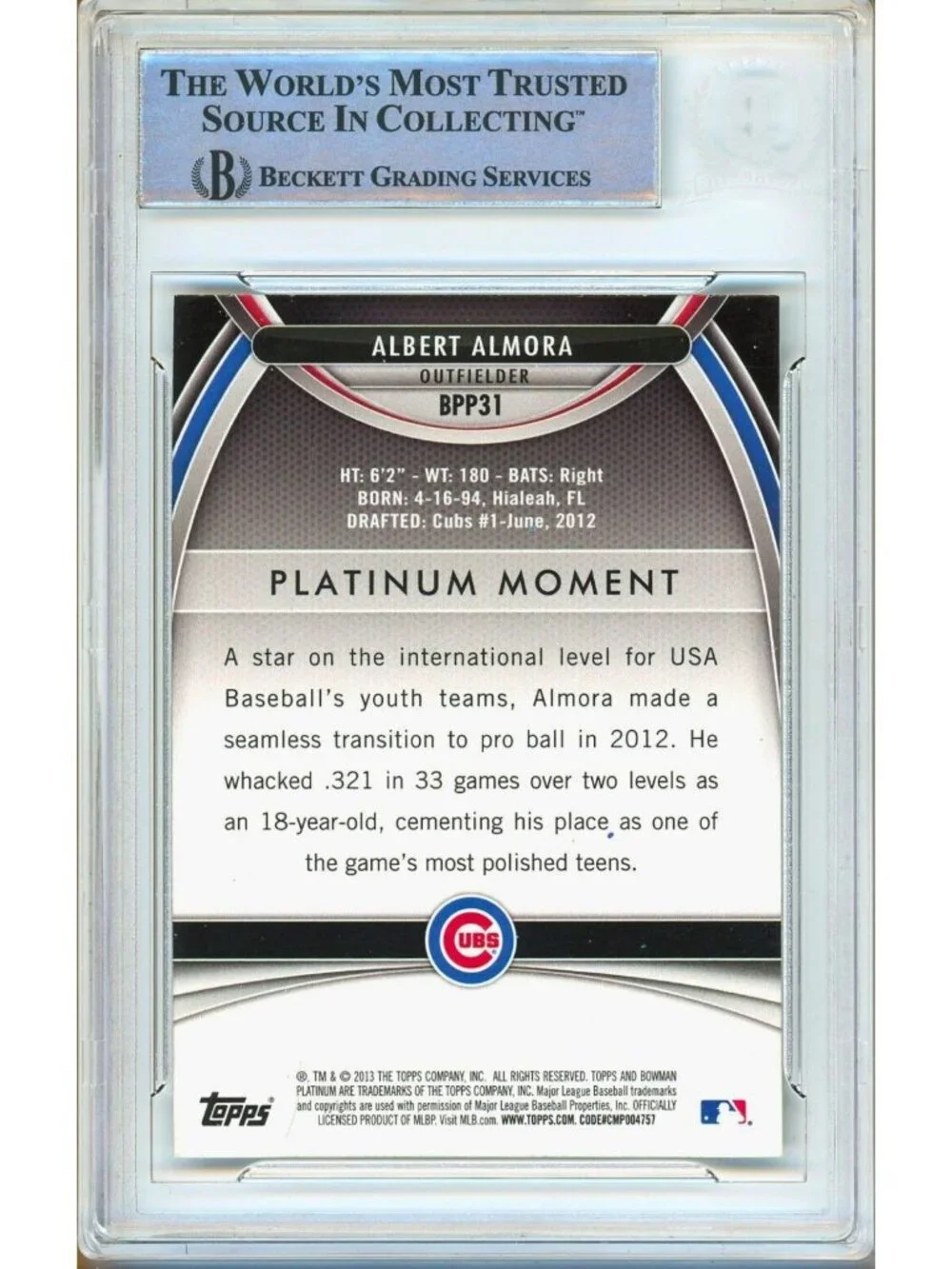 Albert Almora Signed 2013 Bowman Platinum #BPP31 Cubs Beckett BAS Slabbed Auto